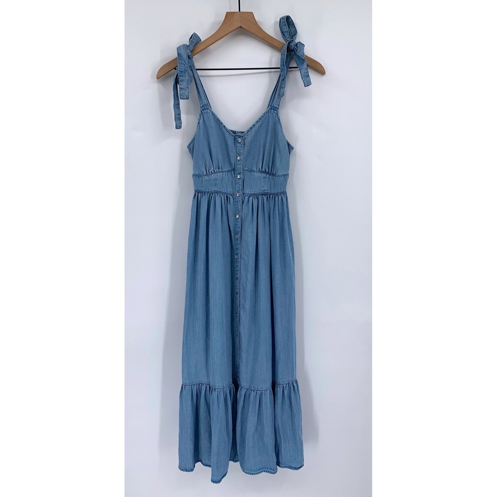 Levis Denim Dress Womens XS Blue Pearl Snap Tiered Ruffle Western Boho Tie Bow